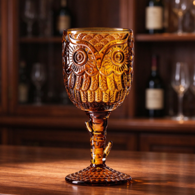 Amber-Colored Owl-Relief Vintage Goblet