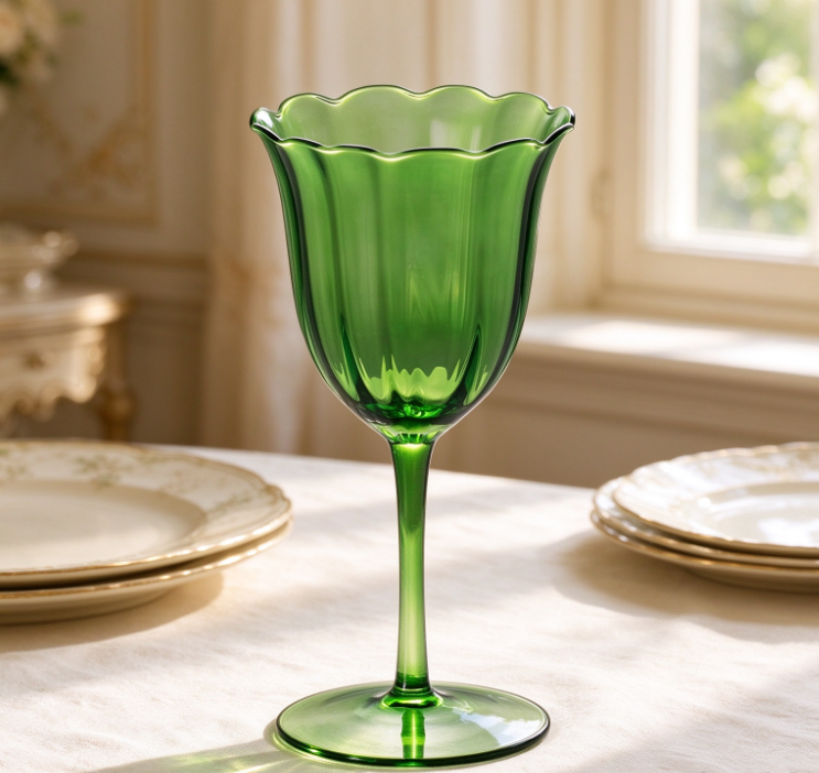 Green Petal-Inspired Vintage Long-Stemmed Goblet