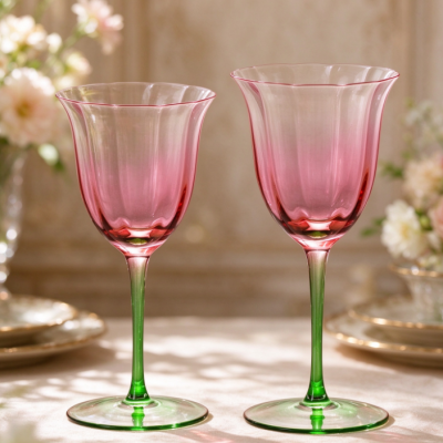 Vintage-Style Goblet Set with Pink-to-Green Ombré Petal-Edge Design