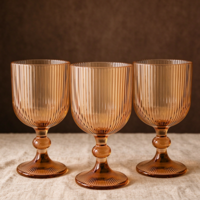 Amber-Colored Vintage Goblet Set with Vertical Ribbing and Beaded Accents