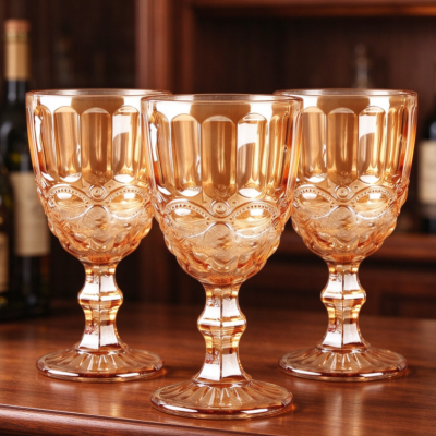 Amber-Colored Vintage Goblet Set with Intricate Relief Patterns