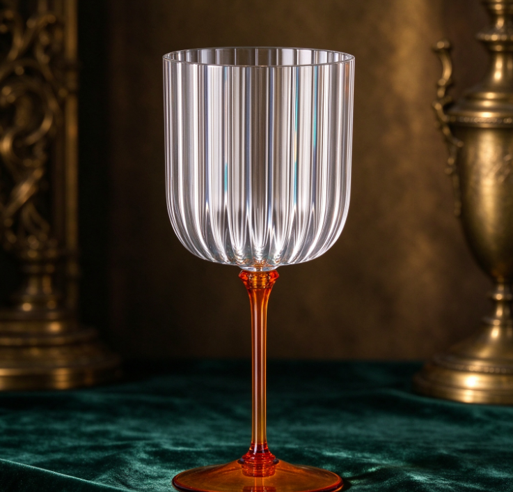 Vintage-Style Long-Stemmed Goblet with Vertical Ribbing (Orange) - Image 2