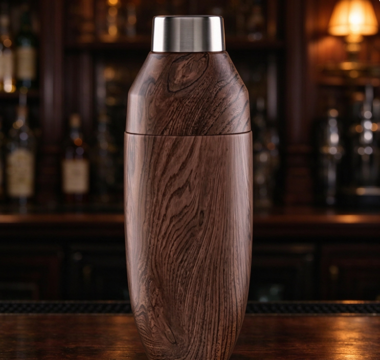 Vintage-Style Cocktail Shaker with Wood-Grain Finish