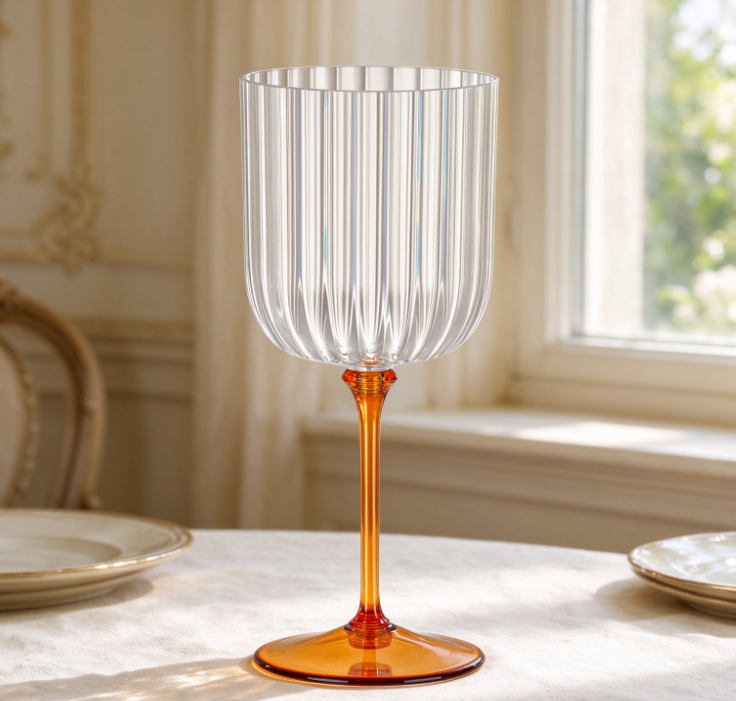 Vintage-Style Long-Stemmed Goblet with Vertical Ribbing (Orange)