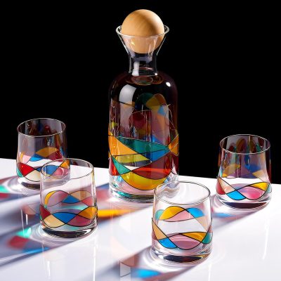 Hand-Painted Colorful-Line Art Glass Decanter Set (Includes 4 Glasses)