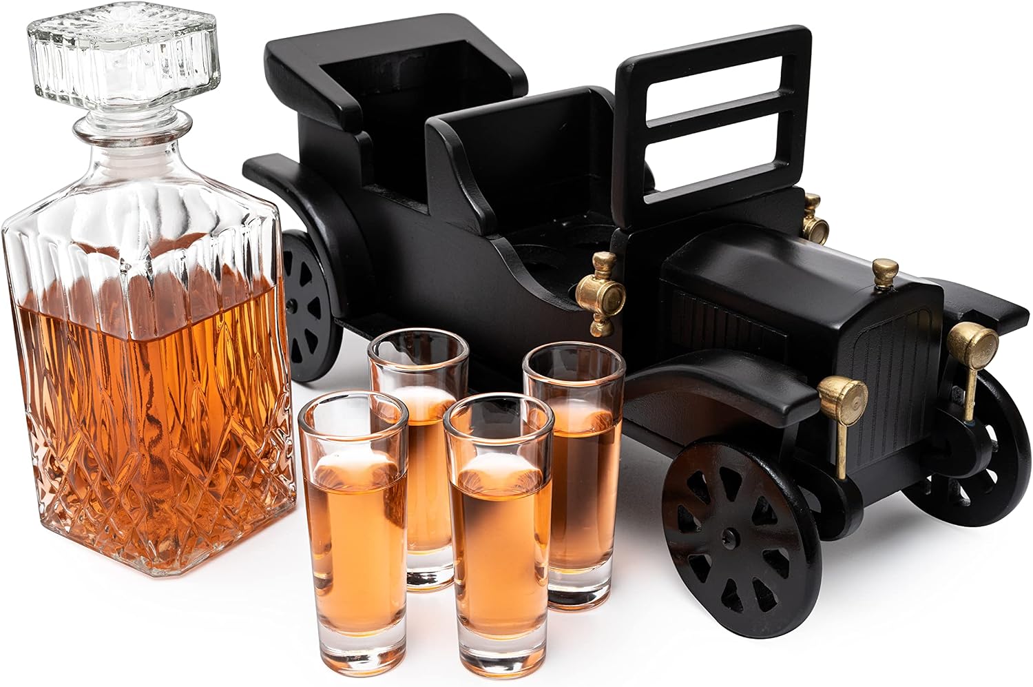 Vintage Classic Car-Themed Whiskey Decanter Set with Solid Wood Base - Image 2