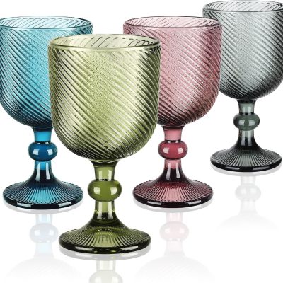 Drinking Glasses/Goblets with Vertical Ribbed Relief, Colored Stemware