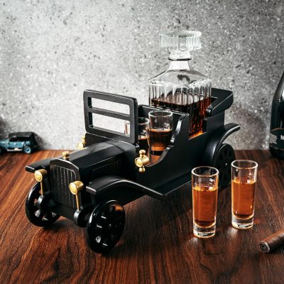 Vintage Classic Car-Themed Whiskey Decanter Set with Solid Wood Base